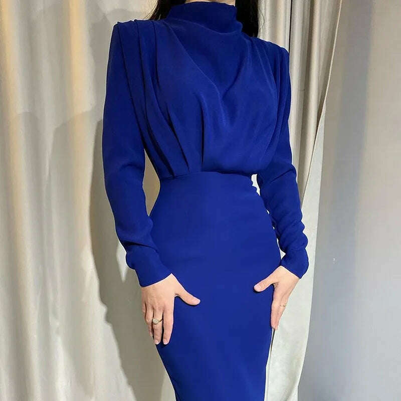 2024 Autumn Solid Bodycon Midi Dress Turtleneck Long Sleeve Slim Office Lady Sexy Office Lady Blue Party Dresses For Women Work - KIMLUD