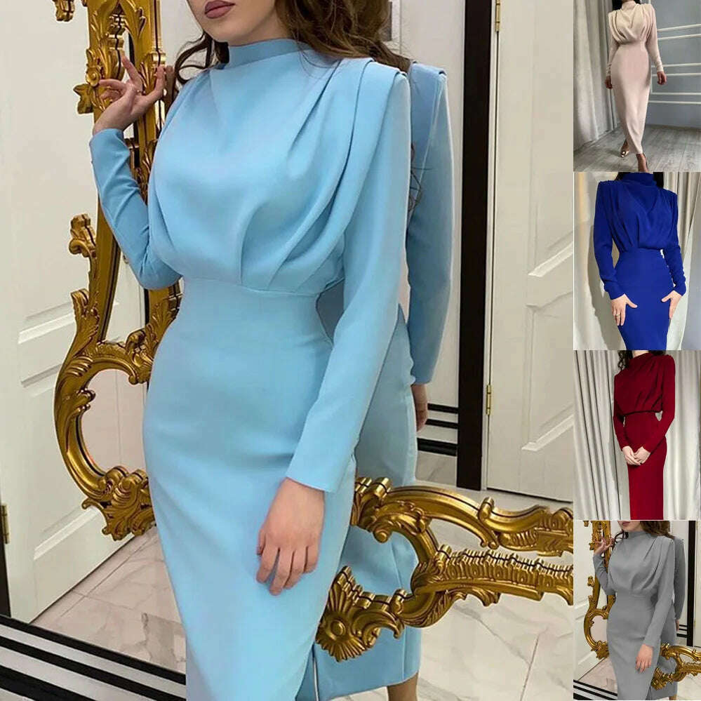 KIMLUD, 2024 Autumn Solid Bodycon Midi Dress Turtleneck Long Sleeve Slim Office Lady Sexy Office Lady Blue Party Dresses For Women Work, KIMLUD Womens Clothes