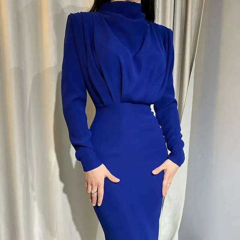 KIMLUD, 2024 Autumn Solid Bodycon Midi Dress Turtleneck Long Sleeve Slim Office Lady Sexy Office Lady Blue Party Dresses For Women Work, dark blue / XXL, KIMLUD APPAREL - Womens Clothes