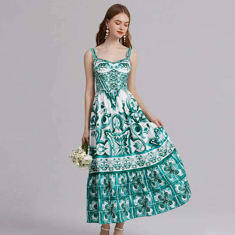 KIMLUD, 2024 Elegant Flower Print Suspender Dress Women Fashion Off Shoulder Backless Midi Dresses Chic Female Party Club Vestidos, 485-Green / XL, KIMLUD APPAREL - Womens Clothes