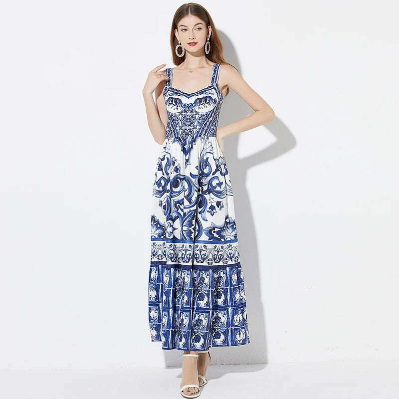 KIMLUD, 2024 Elegant Flower Print Suspender Dress Women Fashion Off Shoulder Backless Midi Dresses Chic Female Party Club Vestidos, 485-Blue / S, KIMLUD APPAREL - Womens Clothes