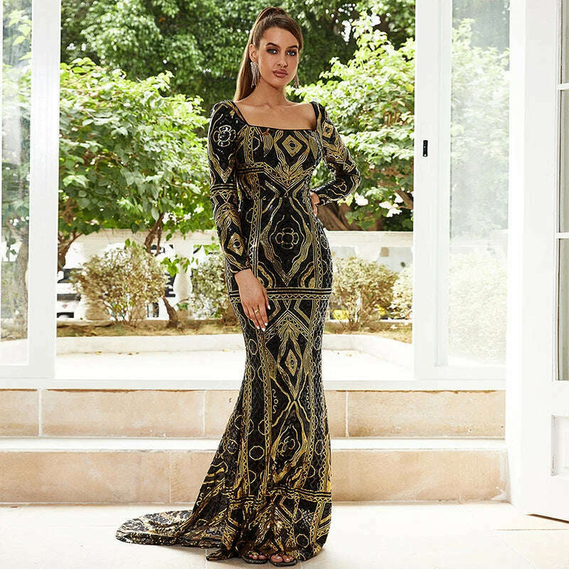 KIMLUD, 2024 Elegant Ladies Vestido De Festa Square Collar Long Sleeve Black Gold Sequined Formal Occasion Evening Party Maxi Dresses, KIMLUD Womens Clothes