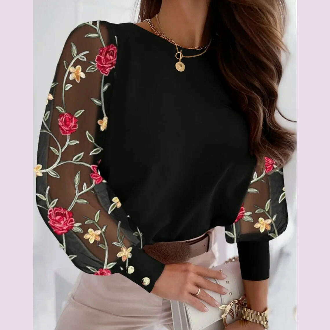 KIMLUD, 2024 Fashion V-neck Long Sleeve Lace Women Blouse Autumn Hollow Out Elegant Tops Office Lady Vintage Shirt Blouses Women Blouse, 8 / M, KIMLUD APPAREL - Womens Clothes