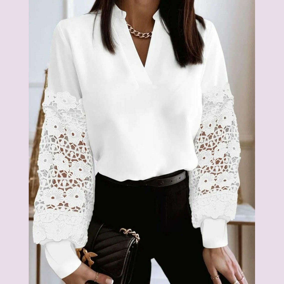 KIMLUD, 2024 Fashion V-neck Long Sleeve Lace Women Blouse Autumn Hollow Out Elegant Tops Office Lady Vintage Shirt Blouses Women Blouse, 13 / S, KIMLUD APPAREL - Womens Clothes