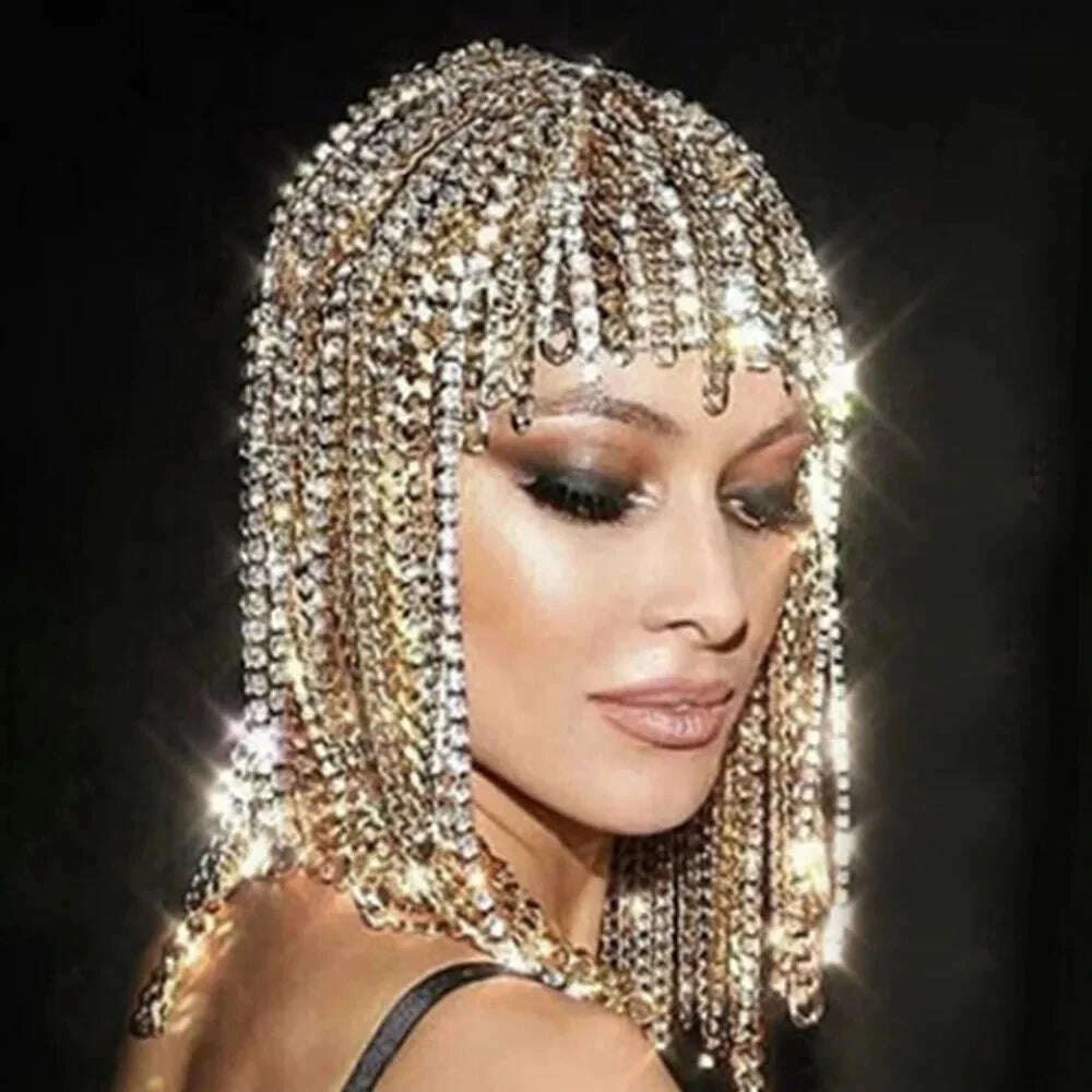 KIMLUD, 2024 Hip Hop Rhinestone Wig Head Chain Women Men Cuban Link Tassel Headband Chain Headpiece Dance Hair Accessories Party Gift, KIMLUD Womens Clothes