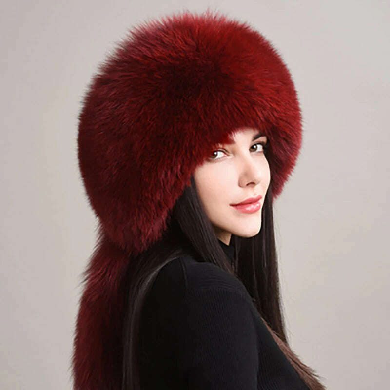 KIMLUD, 2024 Hot Sale Winter Women Fox Fur Hat Fluffy Soviet Female Outdoor Warm Cap Snow Fur Hats 5 tails Real Fox Fur Cold Bomber Hats, KIMLUD Womens Clothes