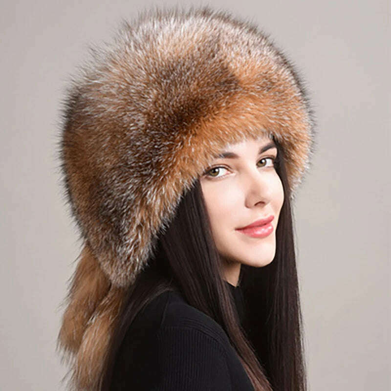 2024 Hot Sale Winter Women Fox Fur Hat Fluffy Soviet Female Outdoor Warm Cap Snow Fur Hats 5 tails Real Fox Fur Cold Bomber Hats - KIMLUD