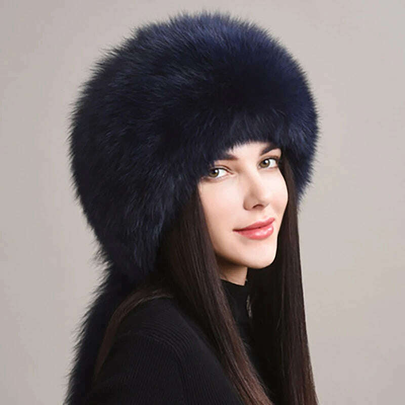 2024 Hot Sale Winter Women Fox Fur Hat Fluffy Soviet Female Outdoor Warm Cap Snow Fur Hats 5 tails Real Fox Fur Cold Bomber Hats - KIMLUD