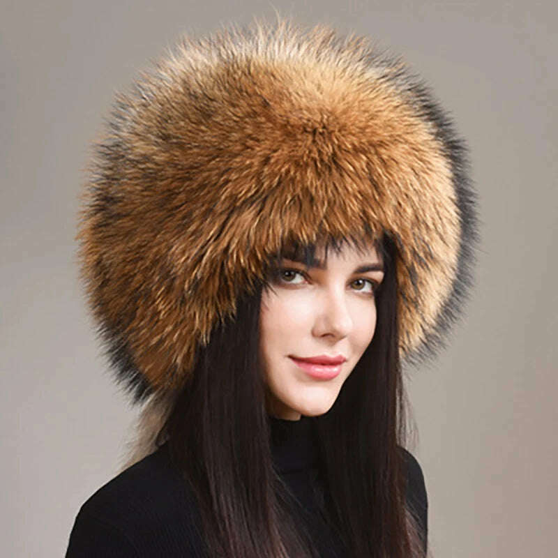 KIMLUD, 2024 Hot Sale Winter Women Fox Fur Hat Fluffy Soviet Female Outdoor Warm Cap Snow Fur Hats 5 tails Real Fox Fur Cold Bomber Hats, raccoon fur / Suitable everyone, KIMLUD APPAREL - Womens Clothes