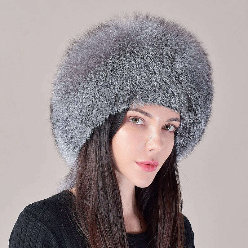 KIMLUD, 2024 Hot Sale Winter Women Fox Fur Hat Fluffy Soviet Female Outdoor Warm Cap Snow Fur Hats 5 tails Real Fox Fur Cold Bomber Hats, silver blue / Suitable everyone, KIMLUD APPAREL - Womens Clothes