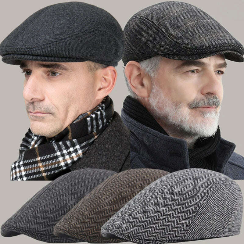 KIMLUD, 2024 Men's Cotton Plaid Berets Caps for Men Women Middle-Aged Autumn Winter Hats Boina Herringbone Newsboy Baker Tweed Boy Hat, KIMLUD Womens Clothes