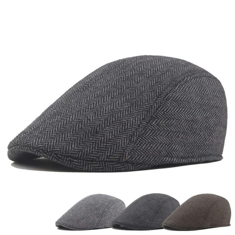 KIMLUD, 2024 Men's Cotton Plaid Berets Caps for Men Women Middle-Aged Autumn Winter Hats Boina Herringbone Newsboy Baker Tweed Boy Hat, KIMLUD Womens Clothes