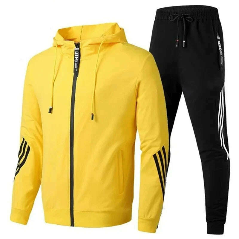 KIMLUD, 2024 Men's Hoodie + Pants Two-piece Set Solid Color Hoodie Jacket Sports Zipper Sportswear Sports Jogging Men's Fitness Clothing, Yellow / M, KIMLUD Womens Clothes