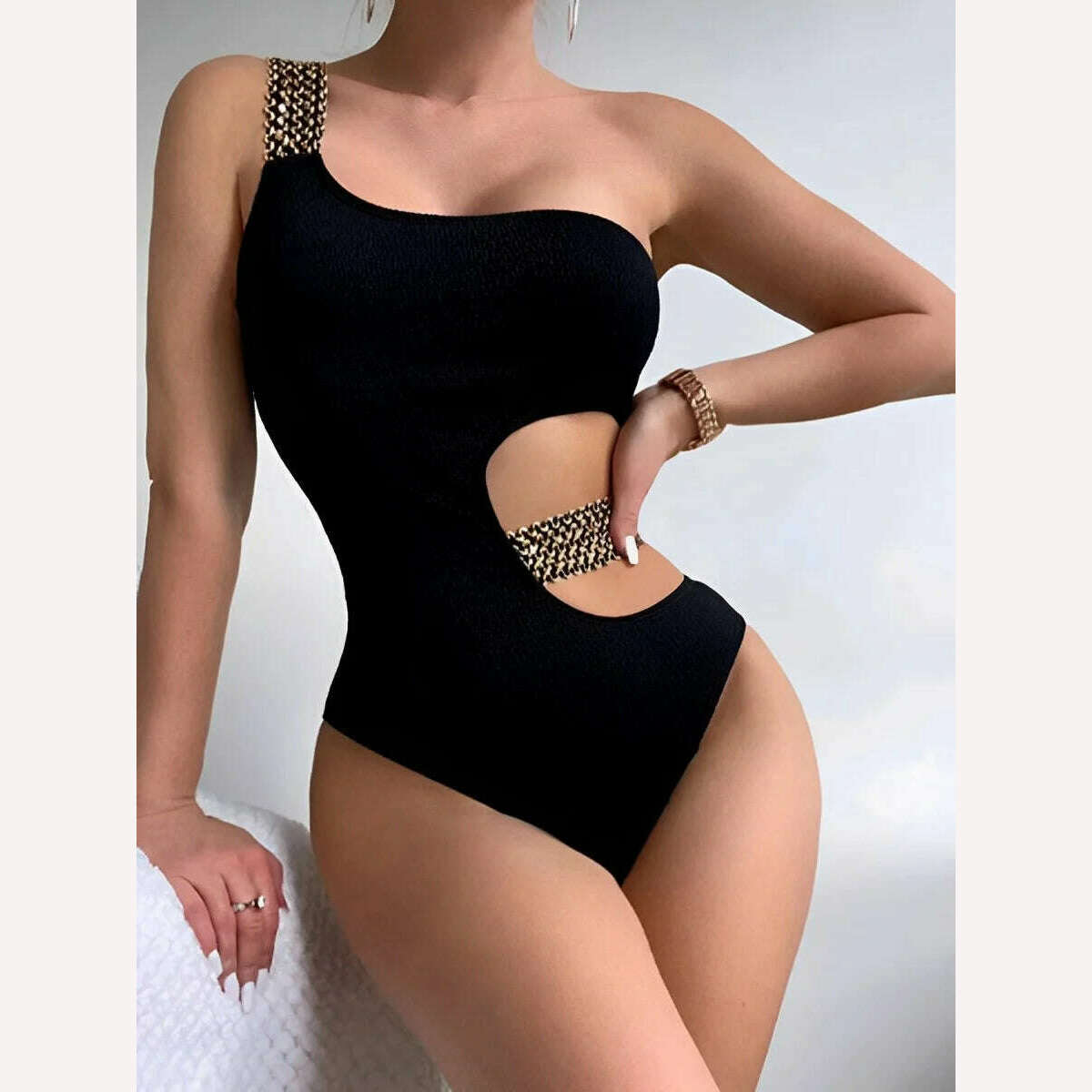 KIMLUD, 2024 Metal Chain Shoulder Swimsuit Women One Piece Hollow Out Swimwear Female Bodysuit Bathing Swimming Suit Bathers Beachwear, KIMLUD Womens Clothes