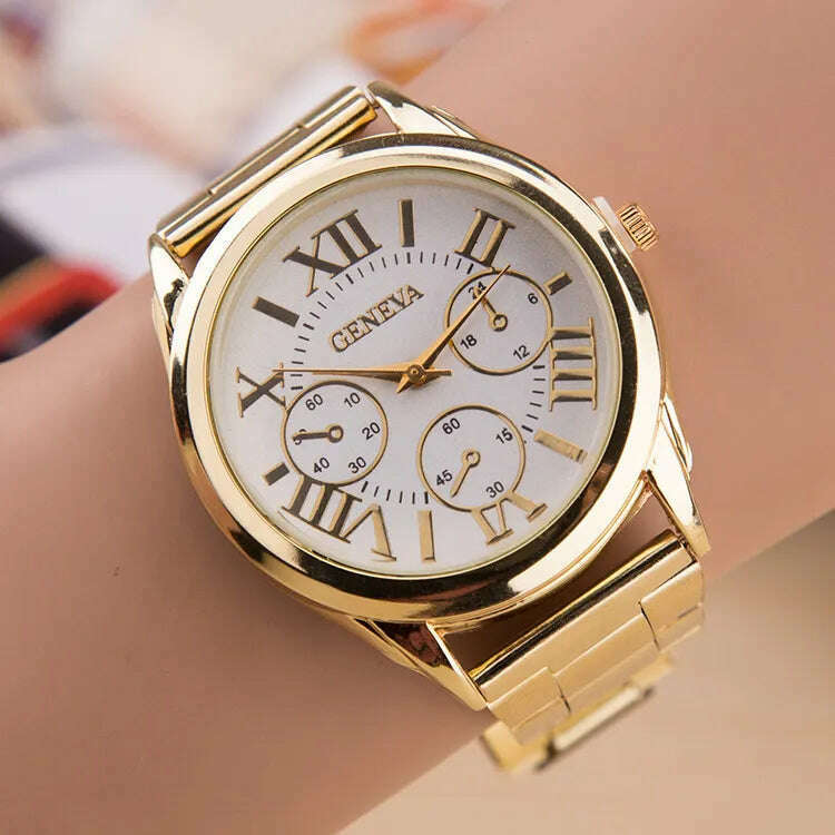 KIMLUD, 2024 New Brand 3 Eyes Gold Geneva Casual Quartz Watch Women Stainless Steel Dress Watches Relogio Feminino Ladies Clock Hot Sale, KIMLUD Womens Clothes