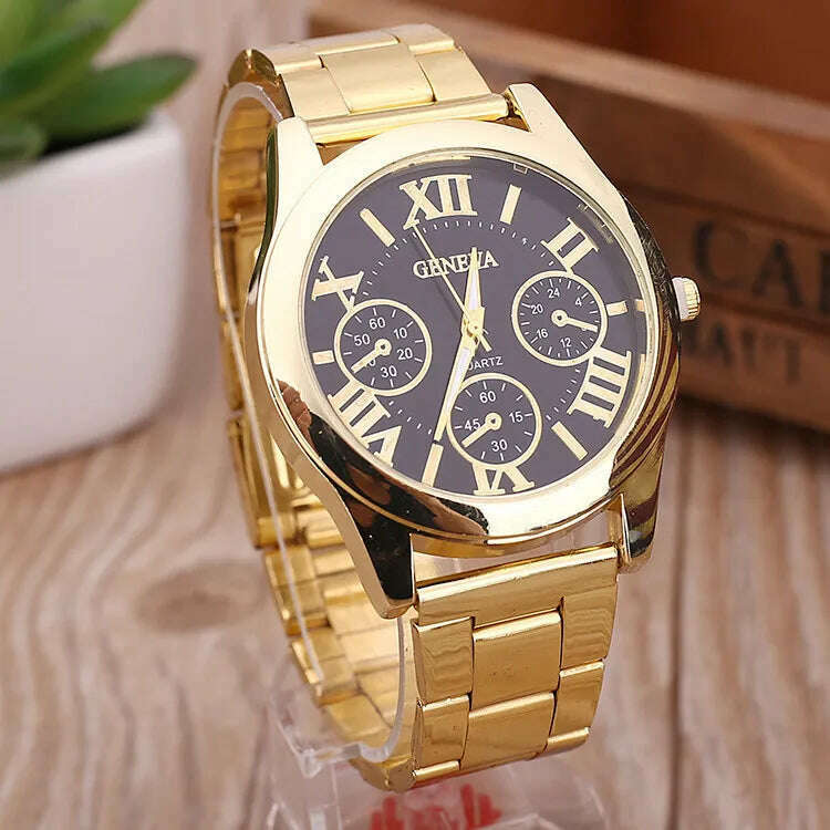 KIMLUD, 2024 New Brand 3 Eyes Gold Geneva Casual Quartz Watch Women Stainless Steel Dress Watches Relogio Feminino Ladies Clock Hot Sale, gold black, KIMLUD Womens Clothes