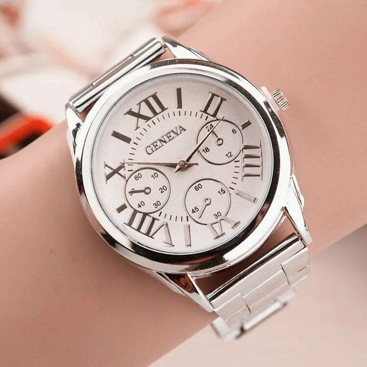 KIMLUD, 2024 New Brand 3 Eyes Gold Geneva Casual Quartz Watch Women Stainless Steel Dress Watches Relogio Feminino Ladies Clock Hot Sale, silver white, KIMLUD Womens Clothes