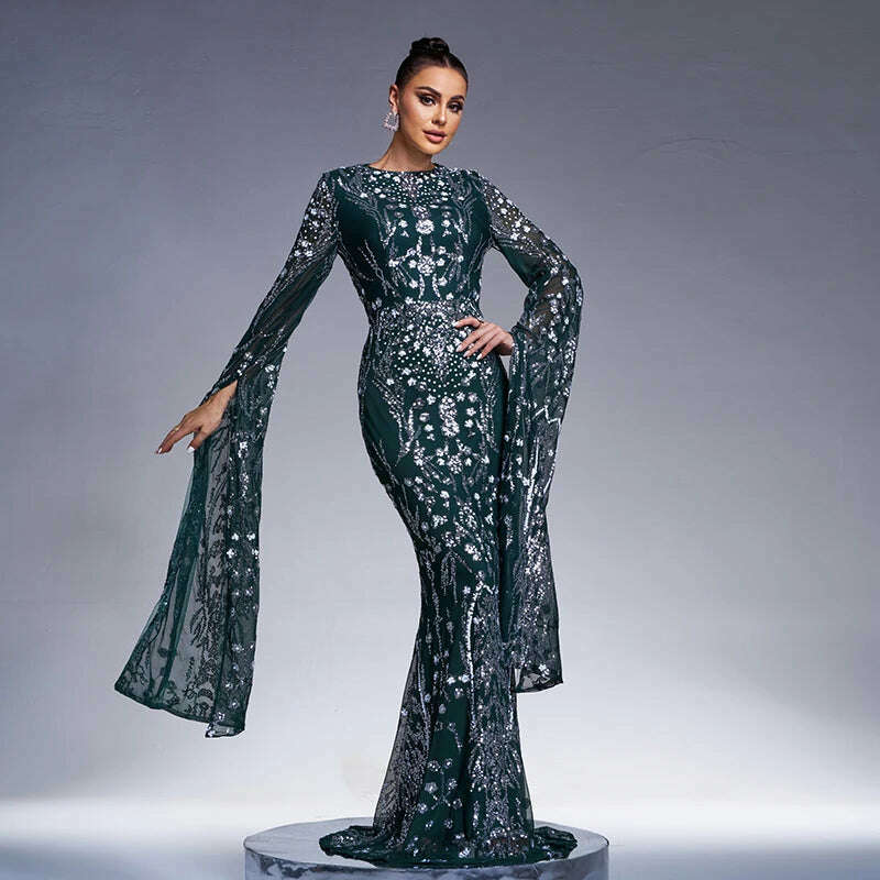 KIMLUD, 2024 New Collector Dress Women Long Sleeve Black Silver Sequined Elegant Lady Formal Occasion Cocktail Prom Party Evening Dress, green / XXL, KIMLUD APPAREL - Womens Clothes