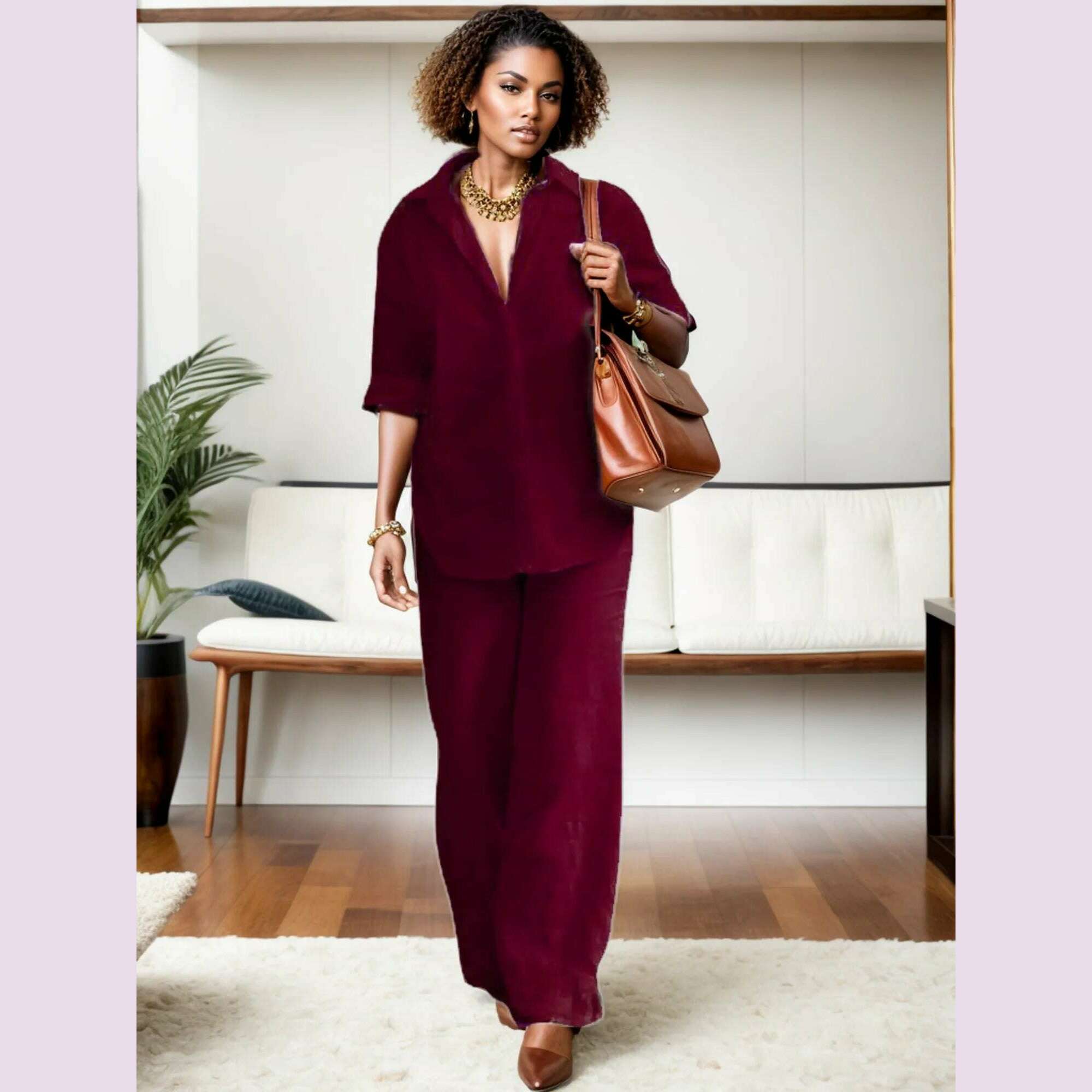 2024 New Fashion Lapel Long Sleeve Shirt Autumn Casual Solid Color Pants Wide Leg Suit - KIMLUD