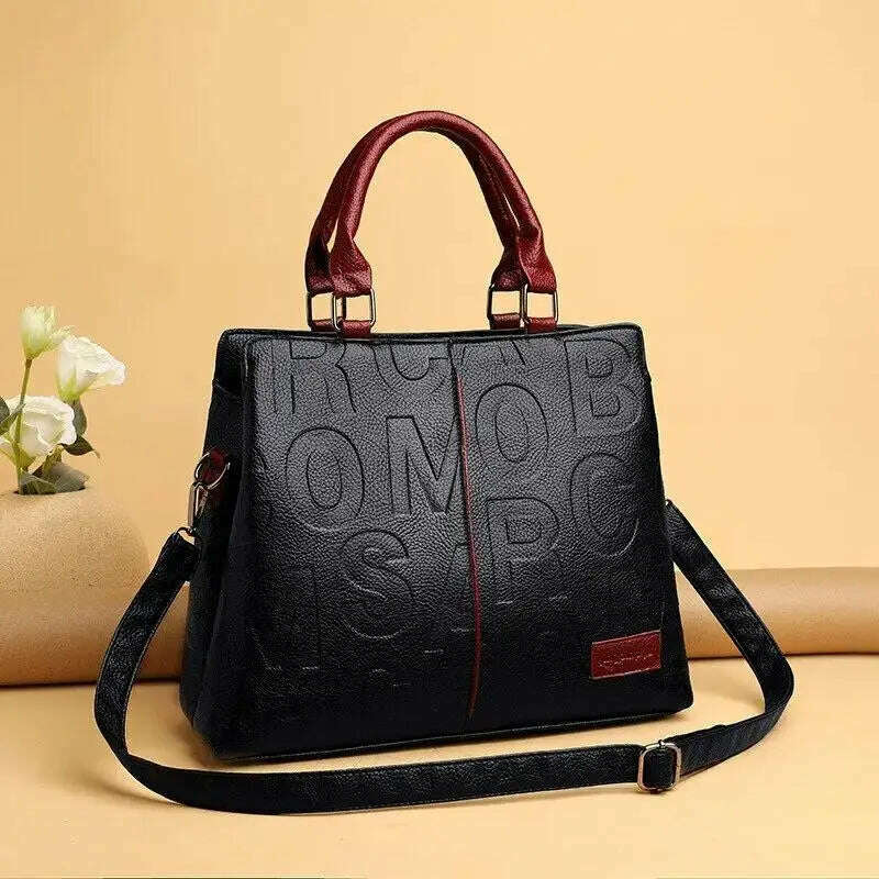 KIMLUD, 2024 New Fashion Solid Color Shoulder Large Capacity Soft Leather Cloth Letter Embossed Ladies Handbag, KIMLUD Womens Clothes