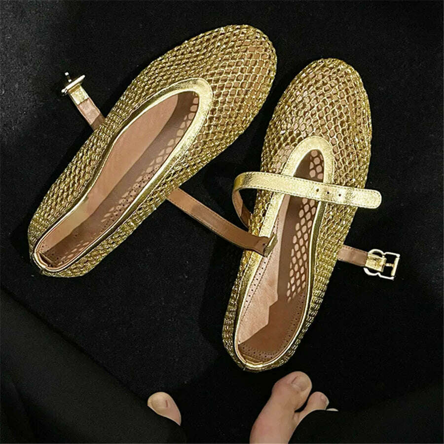 KIMLUD, 2024 New Gold Women Flats Ballet Dance Shoes Hollow Out Mesh Walking Loafers Ladies Mary Janes Strap Espadrilles Summer Sandals, Gold Mesh / 41, KIMLUD APPAREL - Womens Clothes