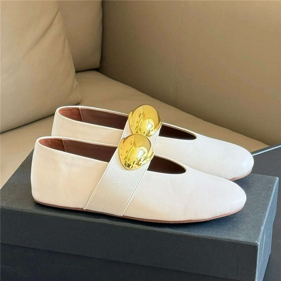 KIMLUD, 2024 New Gold Women Flats Ballet Dance Shoes Hollow Out Mesh Walking Loafers Ladies Mary Janes Strap Espadrilles Summer Sandals, White (Brooch) / 40, KIMLUD APPAREL - Womens Clothes