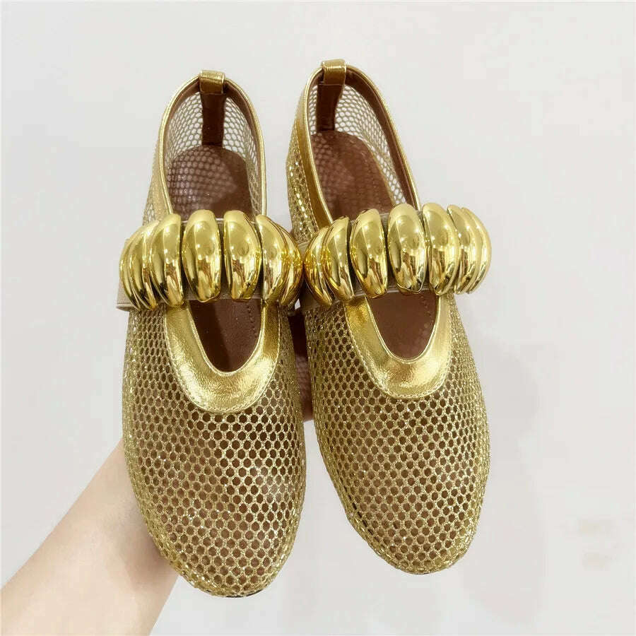 KIMLUD, 2024 New Gold Women Flats Ballet Dance Shoes Hollow Out Mesh Walking Loafers Ladies Mary Janes Strap Espadrilles Summer Sandals, Gold Mesh (Button) / 41, KIMLUD APPAREL - Womens Clothes