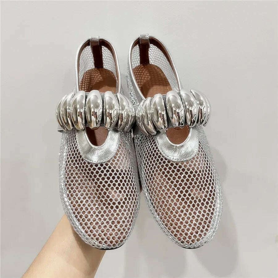 KIMLUD, 2024 New Gold Women Flats Ballet Dance Shoes Hollow Out Mesh Walking Loafers Ladies Mary Janes Strap Espadrilles Summer Sandals, Silver Mesh (Button) / 36, KIMLUD APPAREL - Womens Clothes