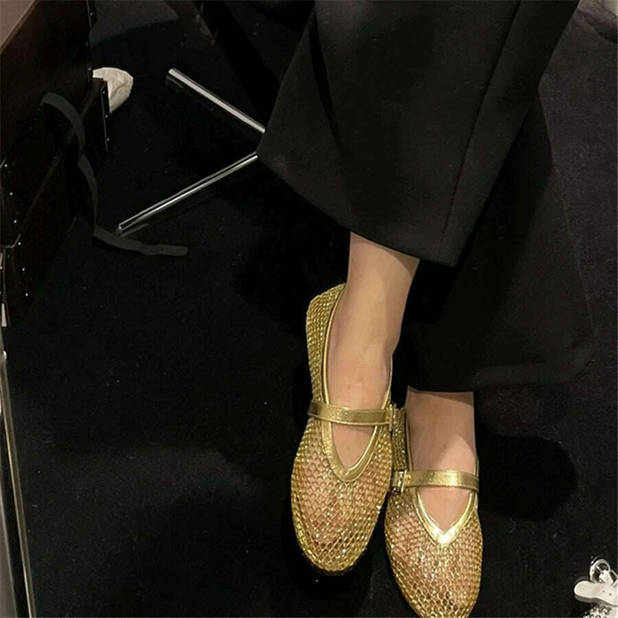 KIMLUD, 2024 New Gold Women Flats Ballet Dance Shoes Hollow Out Mesh Walking Loafers Ladies Mary Janes Strap Espadrilles Summer Sandals, KIMLUD Womens Clothes