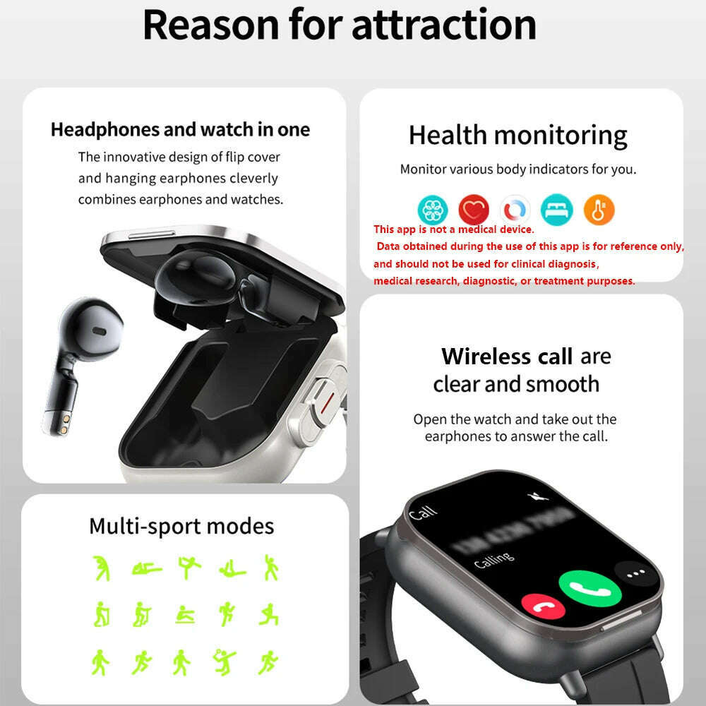 2024 NEW Headset Smart Watch TWS Two In One Wireless Bluetooth Dual Headset Call Health Blood Pressure Sport BT Music Smartwatch - KIMLUD