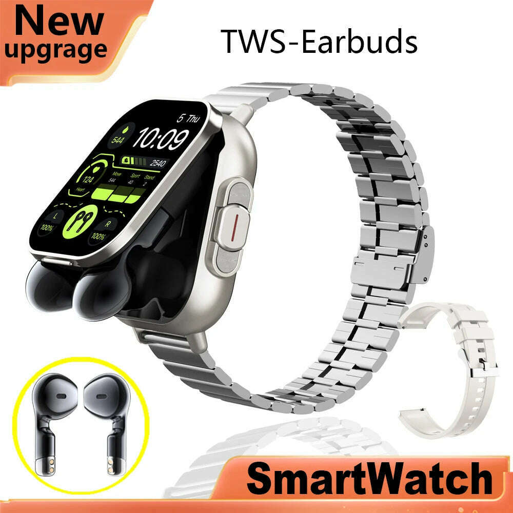 KIMLUD, 2024 NEW Headset Smart Watch TWS Two In One Wireless Bluetooth Dual Headset Call Health Blood Pressure Sport BT Music Smartwatch, Silver Steel beli / BT, KIMLUD APPAREL - Womens Clothes