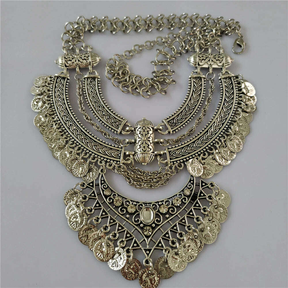 2024 New Indian Vintage Statement Coins Tassel Necklace Women Jewelry Sets Boho Baroque Retro Large Collar Necklace Bracelet Set - KIMLUD