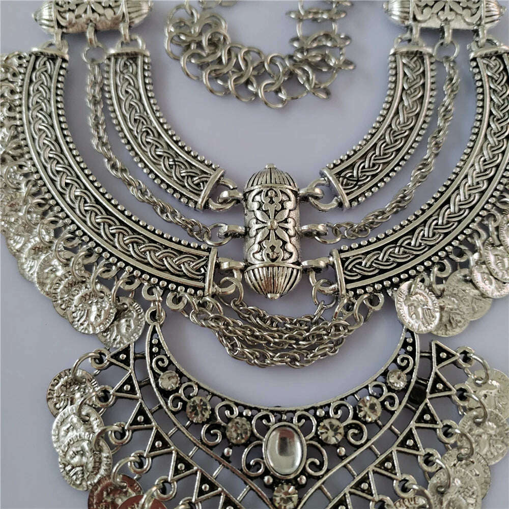 KIMLUD, 2024 New Indian Vintage Statement Coins Tassel Necklace Women Jewelry Sets Boho Baroque Retro Large Collar Necklace Bracelet Set, KIMLUD Womens Clothes