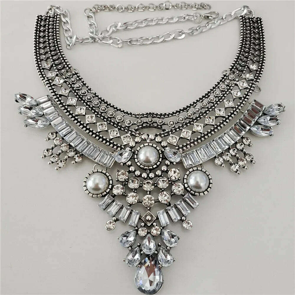 KIMLUD, 2024 New Indian Vintage Statement Metal Necklace Earrings Women Jewelry Sets Boho Retro Maxi Collar Necklace With Crystal Pearls, necklace, KIMLUD APPAREL - Womens Clothes