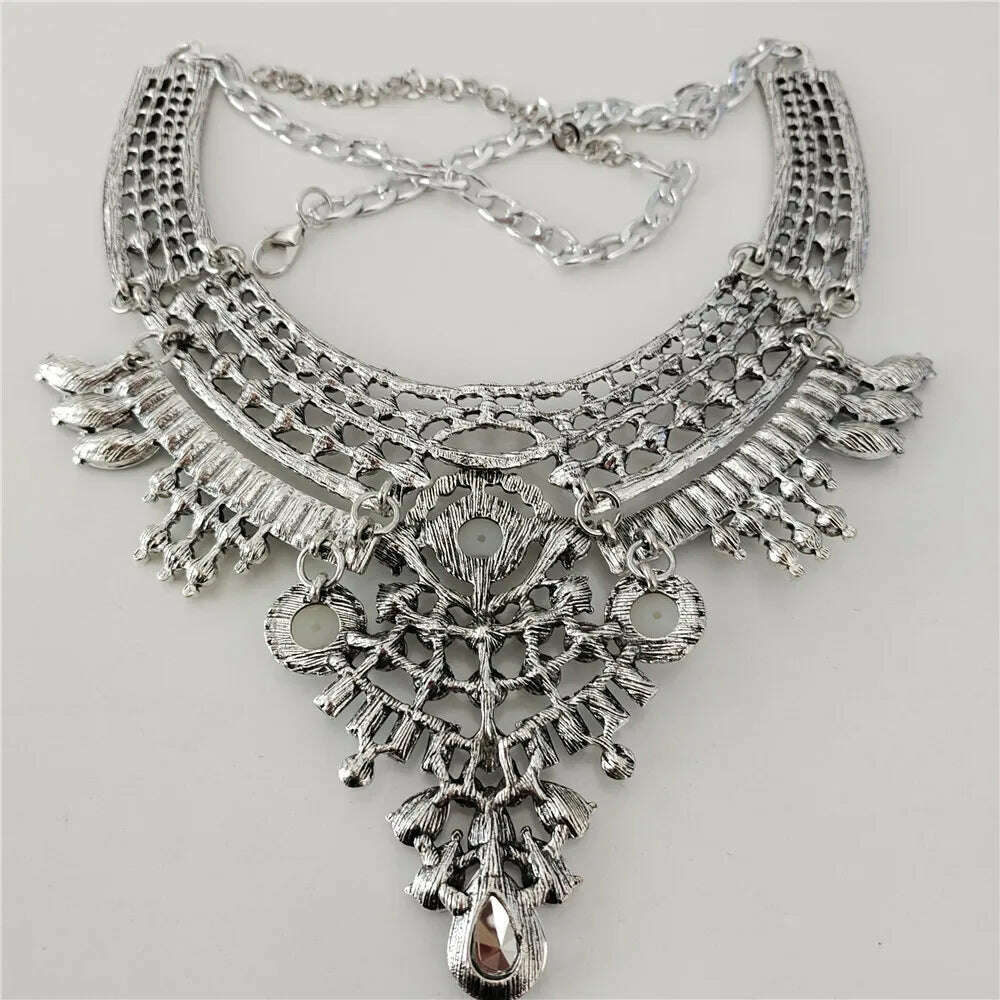 2024 New Indian Vintage Statement Metal Necklace Earrings Women Jewelry Sets Boho Retro Maxi Collar Necklace With Crystal Pearls - KIMLUD