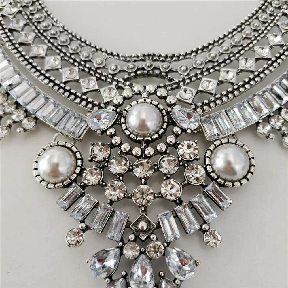 KIMLUD, 2024 New Indian Vintage Statement Metal Necklace Earrings Women Jewelry Sets Boho Retro Maxi Collar Necklace With Crystal Pearls, KIMLUD Womens Clothes