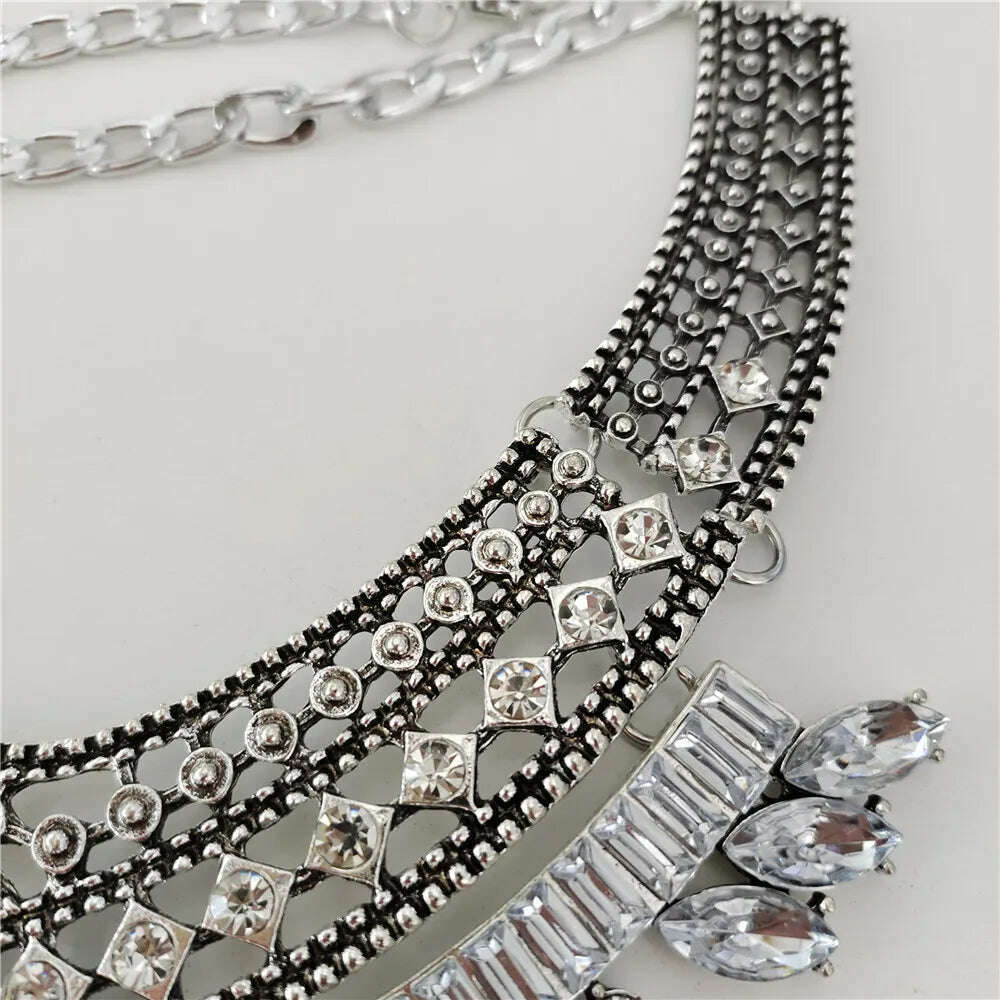 2024 New Indian Vintage Statement Metal Necklace Earrings Women Jewelry Sets Boho Retro Maxi Collar Necklace With Crystal Pearls - KIMLUD