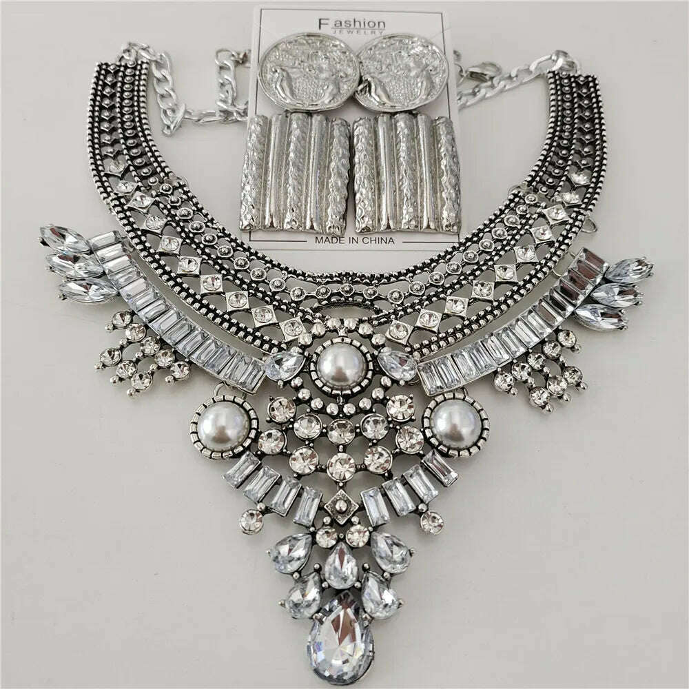 2024 New Indian Vintage Statement Metal Necklace Earrings Women Jewelry Sets Boho Retro Maxi Collar Necklace With Crystal Pearls - KIMLUD