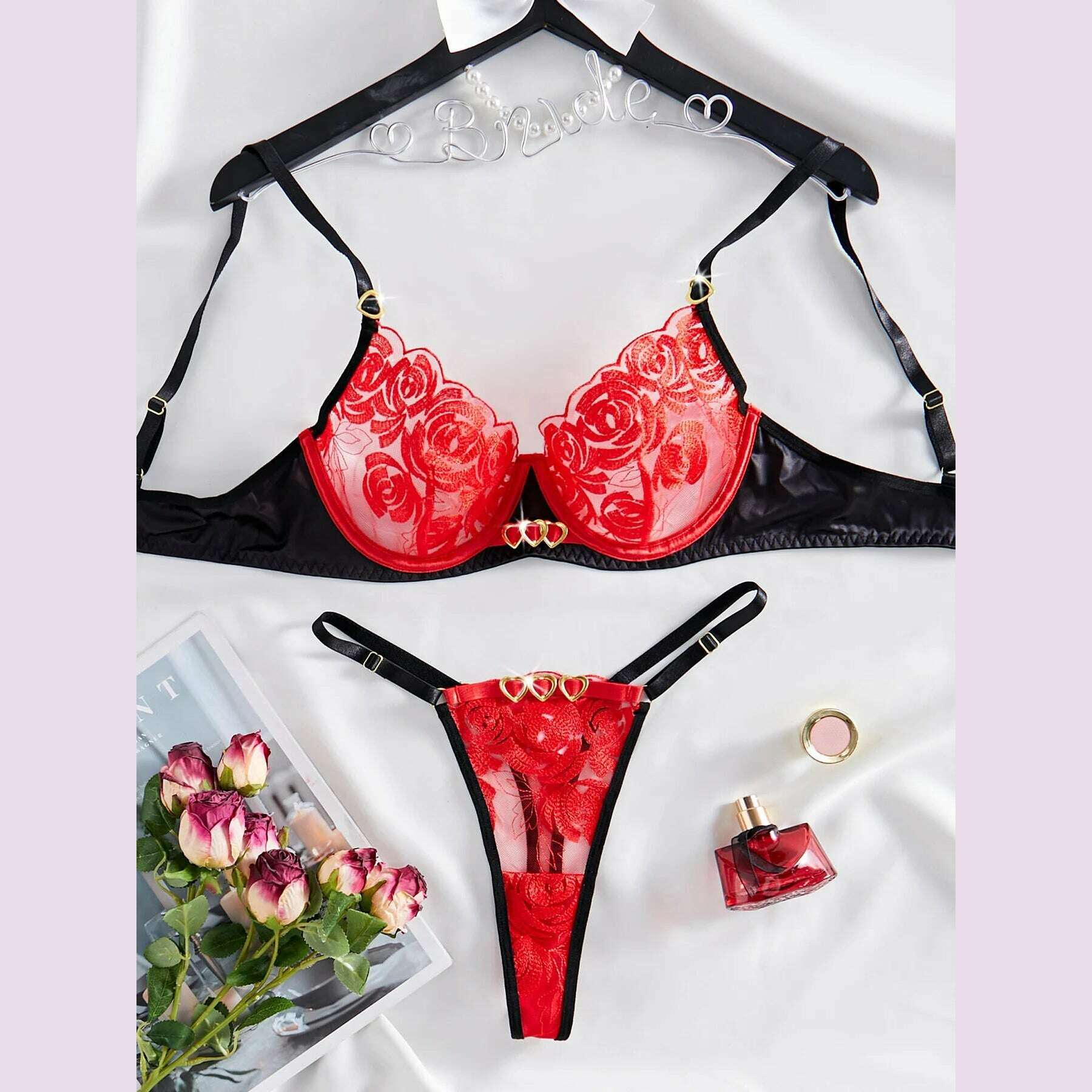 2024 New Personality Female Embroidery Splicing Love Comfortable Mesh Sexy Lingerie Erotic Two-Piece Set Onlyfans - KIMLUD