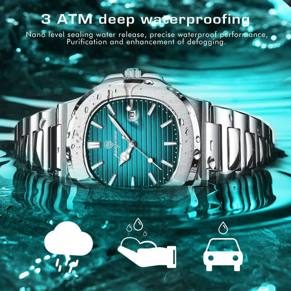 2024 New POEDAGAR Luxury Watch Business Waterproof Male Clock Luminous Date Stainless Steel Square Quartz Men Watch reloj hombre - KIMLUD