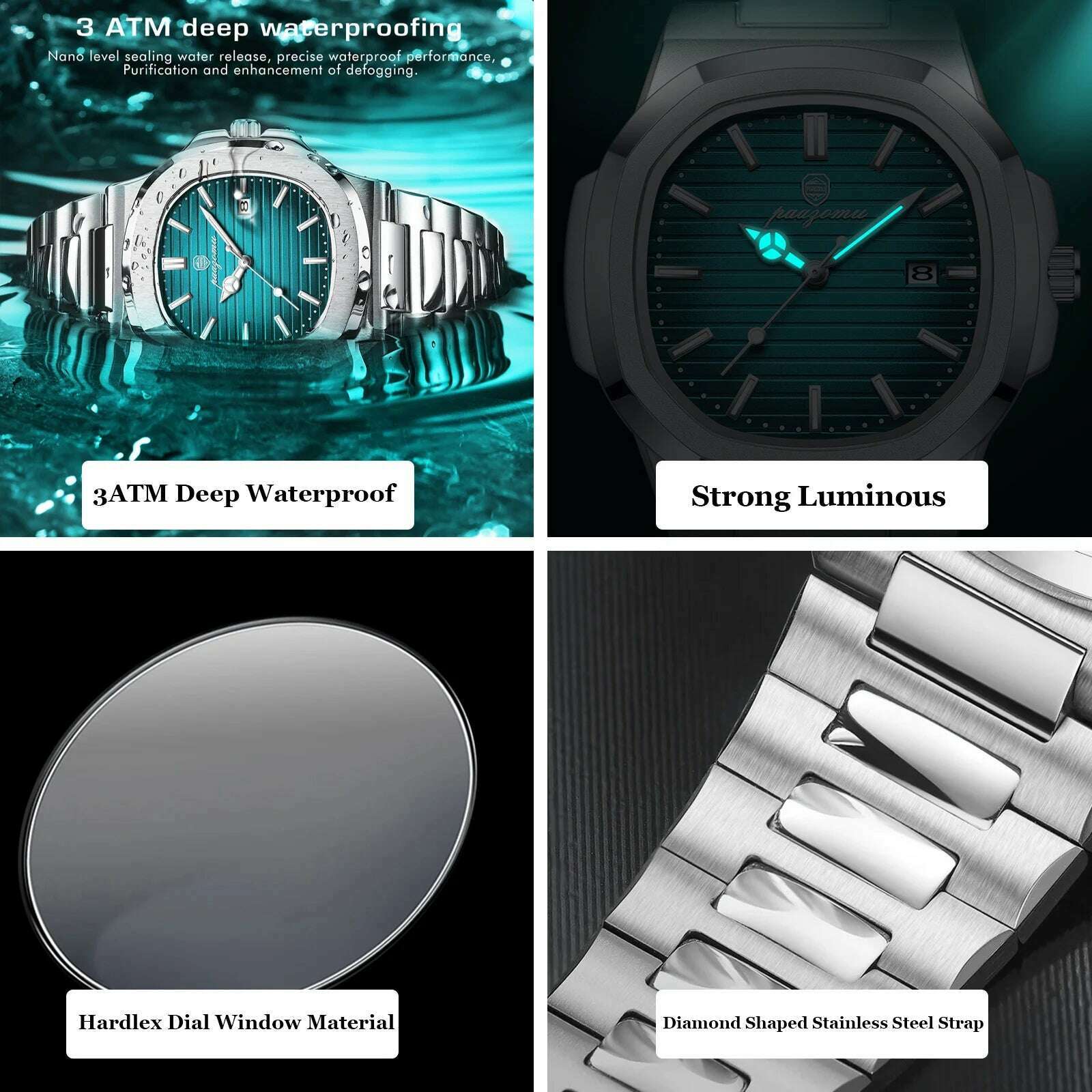 KIMLUD, 2024 New POEDAGAR Luxury Watch Business Waterproof Male Clock Luminous Date Stainless Steel Square Quartz Men Watch reloj hombre, KIMLUD Womens Clothes