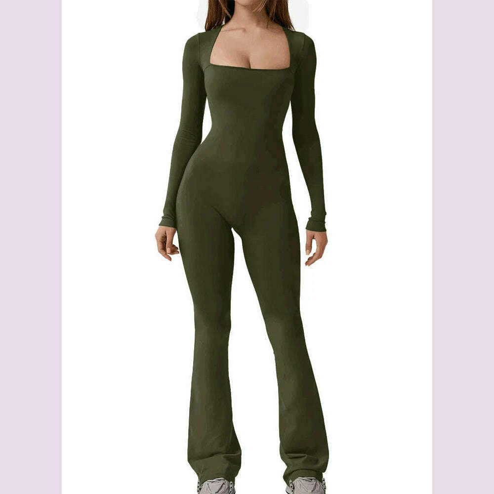 KIMLUD, 2024 New Popular Women Wide Leg Yoga Bodysuit Outfit One Piece Gym Fitness High Quality Sport Long Sleeve Plus Size Jumpsuit, army green / S, KIMLUD APPAREL - Womens Clothes