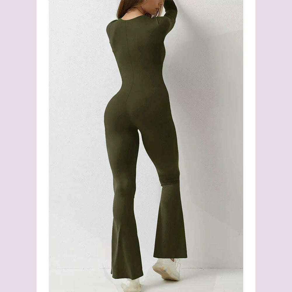 KIMLUD, 2024 New Popular Women Wide Leg Yoga Bodysuit Outfit One Piece Gym Fitness High Quality Sport Long Sleeve Plus Size Jumpsuit, KIMLUD Womens Clothes