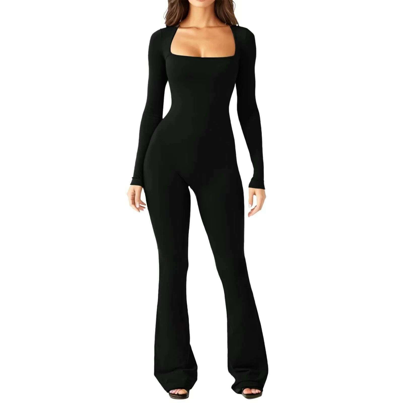 KIMLUD, 2024 New Popular Women Wide Leg Yoga Bodysuit Outfit One Piece Gym Fitness High Quality Sport Long Sleeve Plus Size Jumpsuit, black / S, KIMLUD APPAREL - Womens Clothes