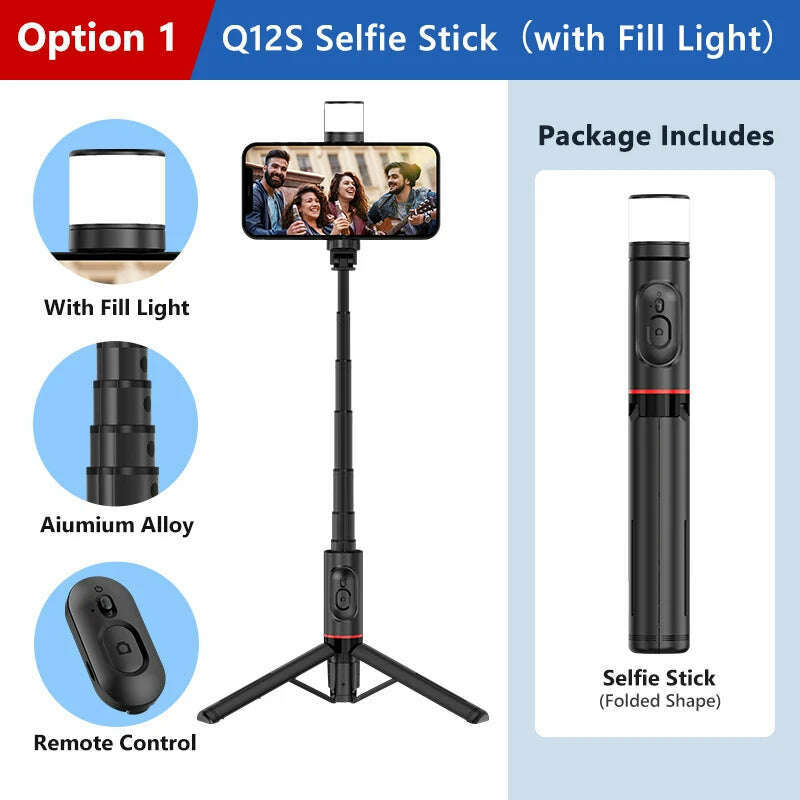 2024 NEW Portable Wireless Bluetooth Phone Telescopic Selfie Stick Tripod With Fill Light for Huawei iPhone 13 Android Xiaomi - KIMLUD