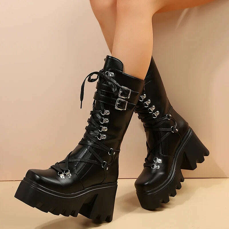 KIMLUD, 2024 New Punk Motorcycle Boots Women Patent Leather Wedges Platform Mid Calf Boots Woman Lace-Up Chunky Heel Gothic Botas Mujer, KIMLUD Womens Clothes