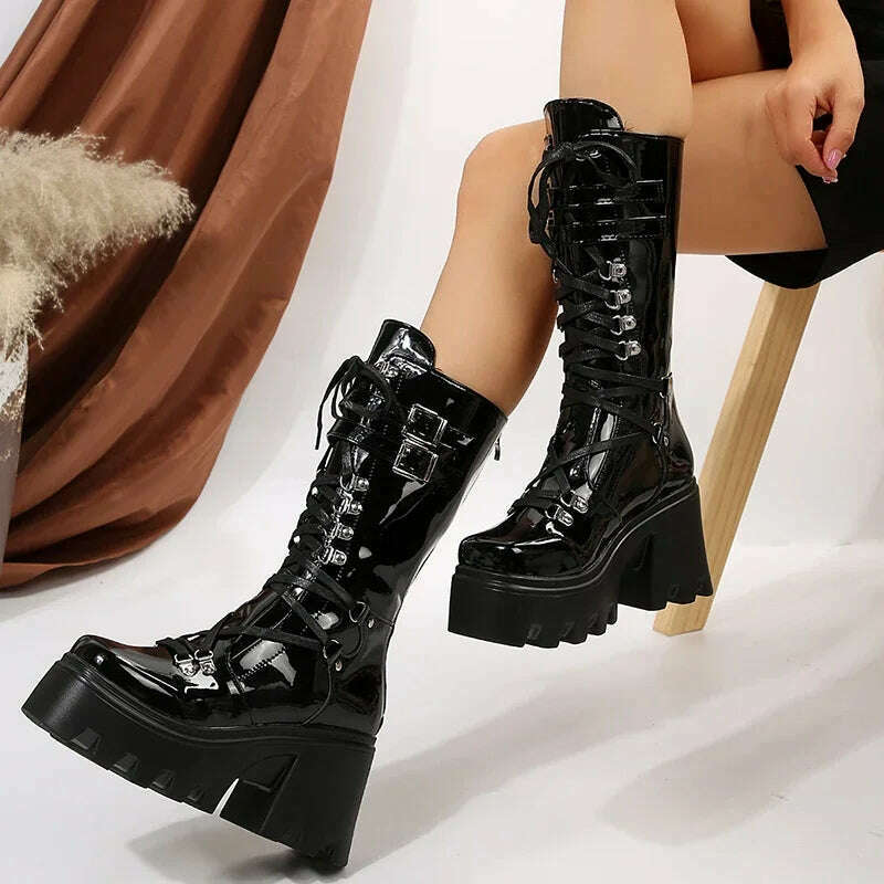 KIMLUD, 2024 New Punk Motorcycle Boots Women Patent Leather Wedges Platform Mid Calf Boots Woman Lace-Up Chunky Heel Gothic Botas Mujer, KIMLUD Womens Clothes