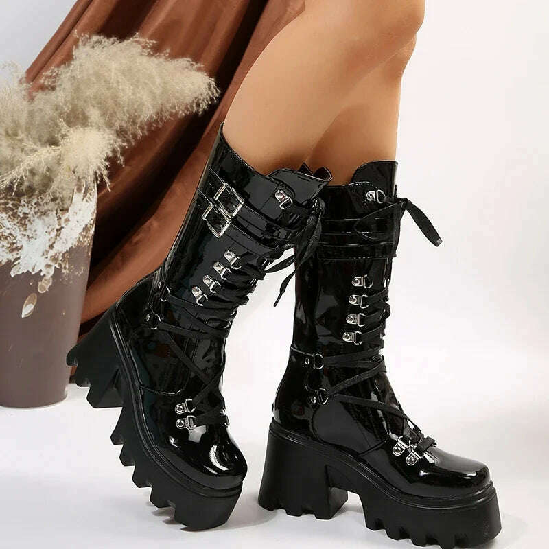 KIMLUD, 2024 New Punk Motorcycle Boots Women Patent Leather Wedges Platform Mid Calf Boots Woman Lace-Up Chunky Heel Gothic Botas Mujer, KIMLUD Womens Clothes