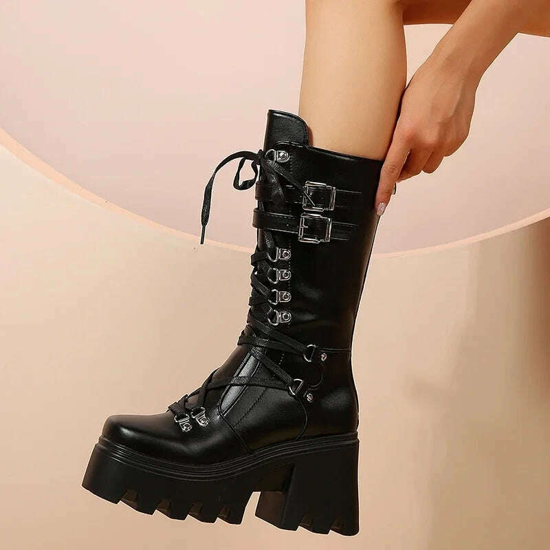 KIMLUD, 2024 New Punk Motorcycle Boots Women Patent Leather Wedges Platform Mid Calf Boots Woman Lace-Up Chunky Heel Gothic Botas Mujer, KIMLUD Womens Clothes