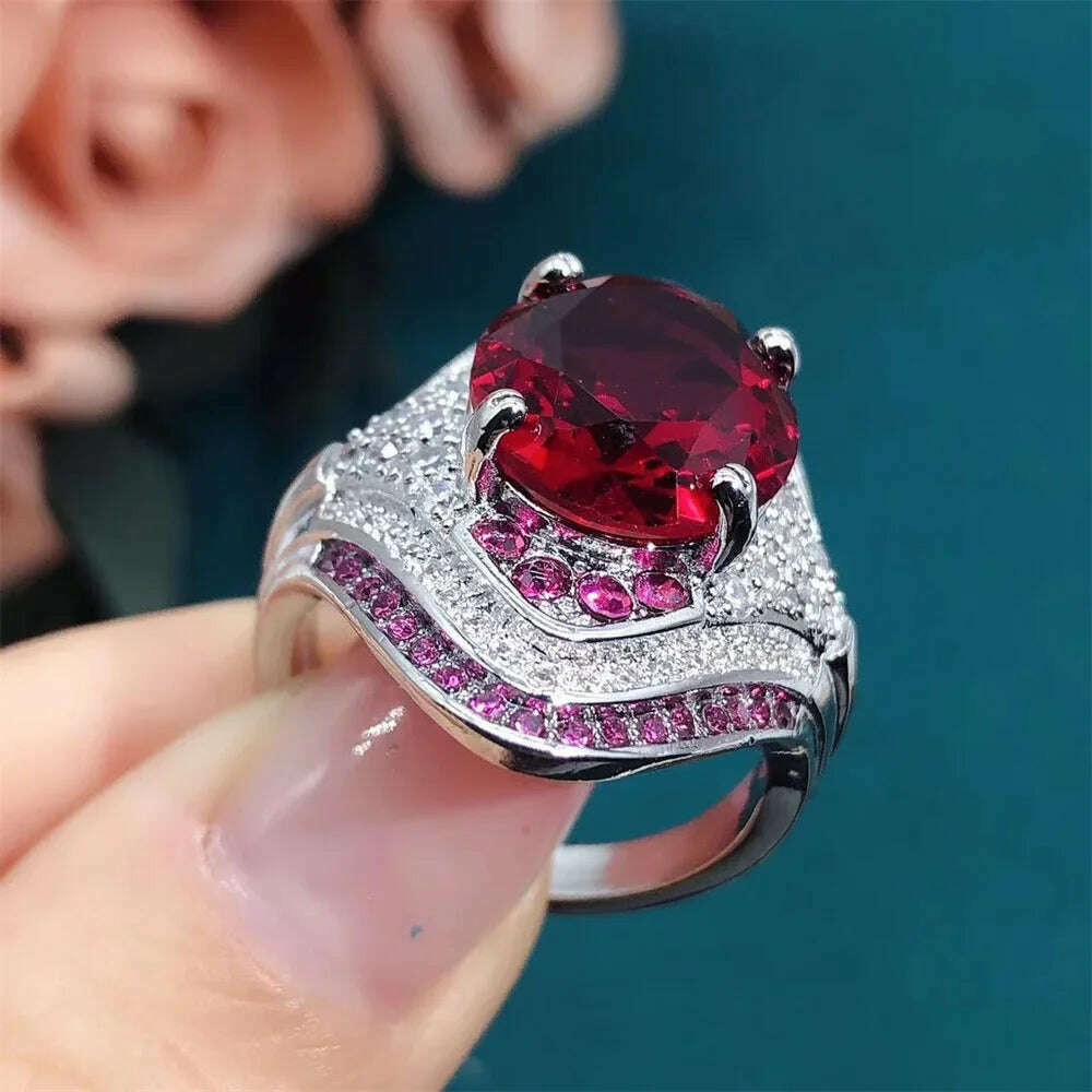 KIMLUD, 2024 New Red Corundum Ring Women's Super Large Zircon Light Luxury Fashion Party Jewelry Dove Egg Shiny  Wholesale, KIMLUD Womens Clothes